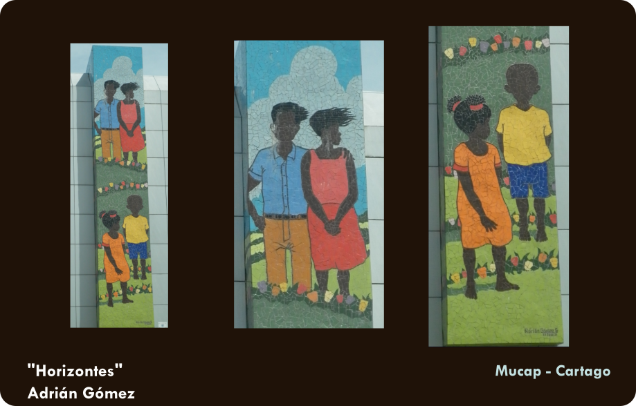 Mural que muestra una familia afrodescendiente, el padre abraza a la madre por la espalda, ambos miran a la niña y al niño más adelante de ellos